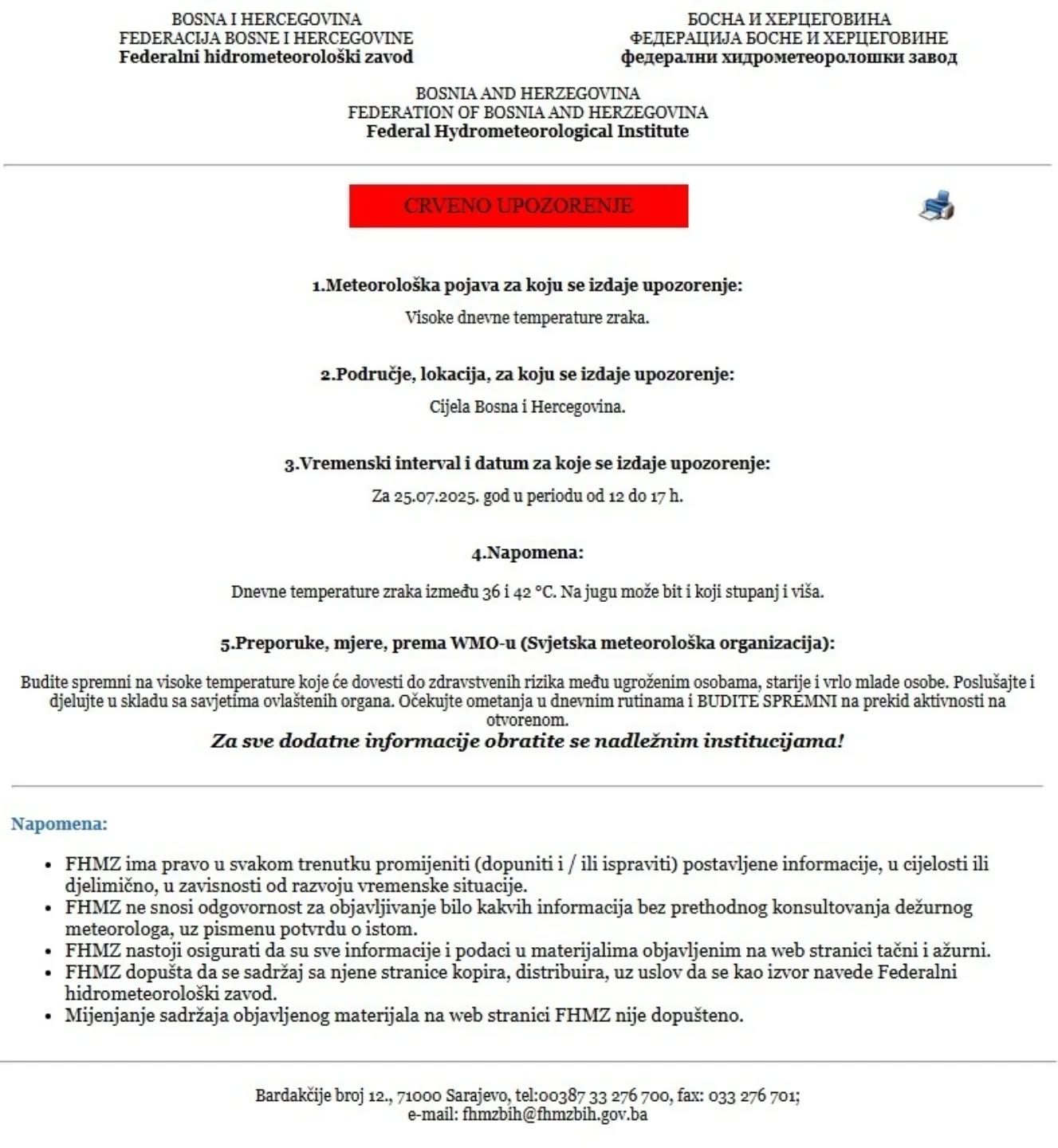 Za petak 25. 7. crveni meteoalarm u BiH