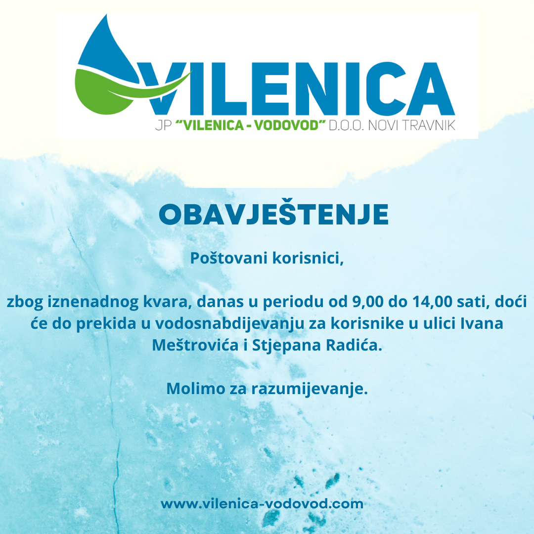 Obavještenje iz JP "Vilenica –Vodovod"