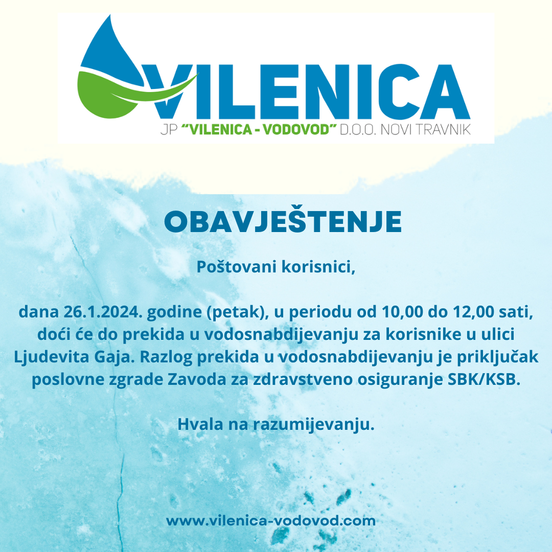 Obavještenje iz JP "Vilenica –Vodovod"