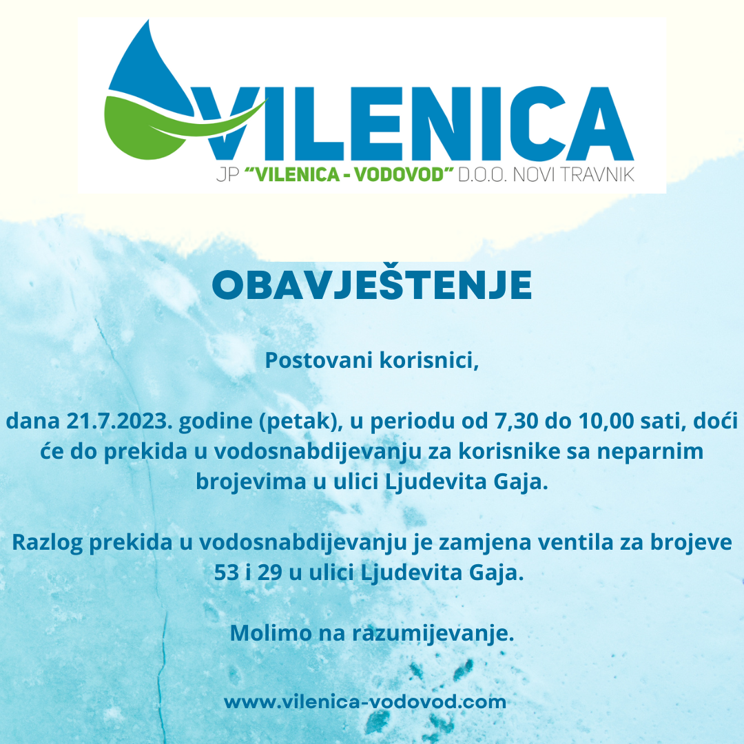 Obavještenje JP „Vilenica –Vodovod“