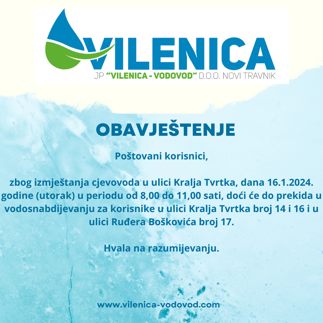 Obavještenje iz JP "Vilenica –Vodovod"