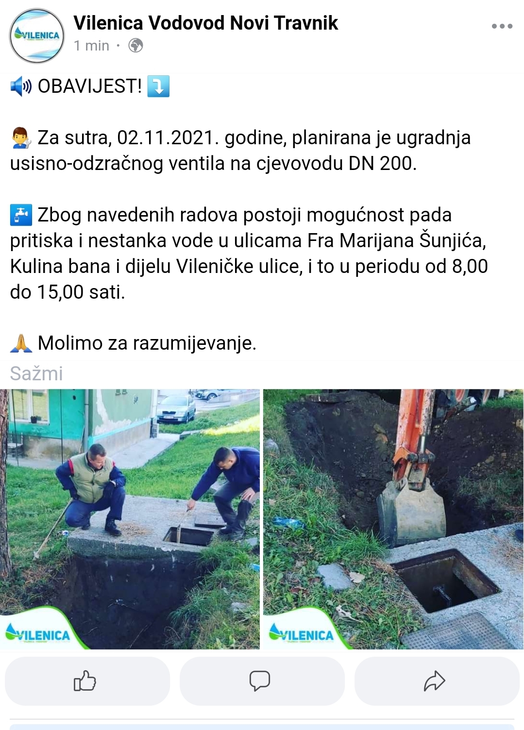 Obavještenje JP "Vilenica-Vodovod"